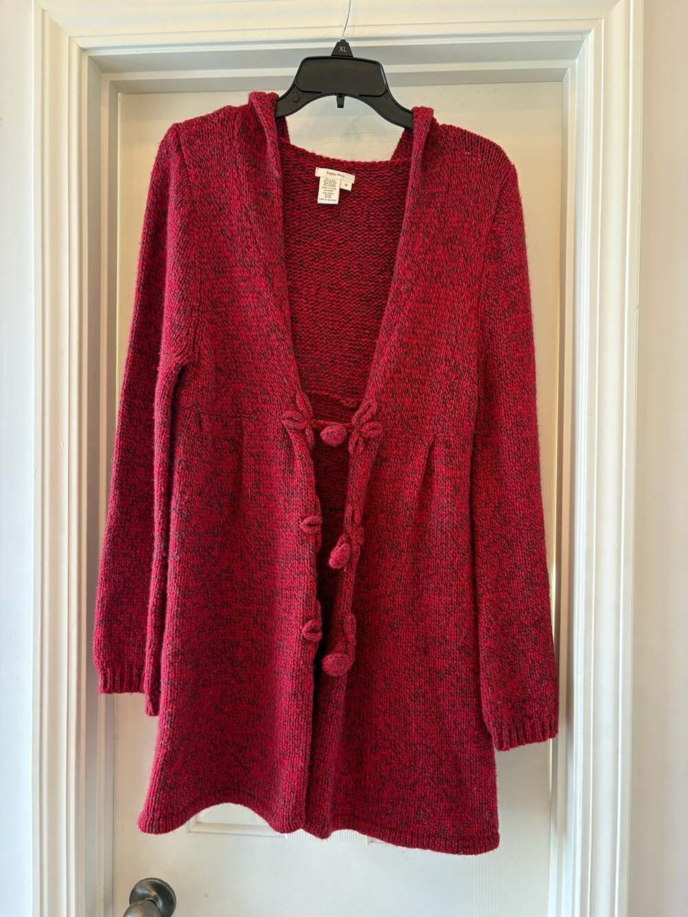 Sophie Max Red and Black Marled Wool Blend Hooded Long  Sweater Sz M